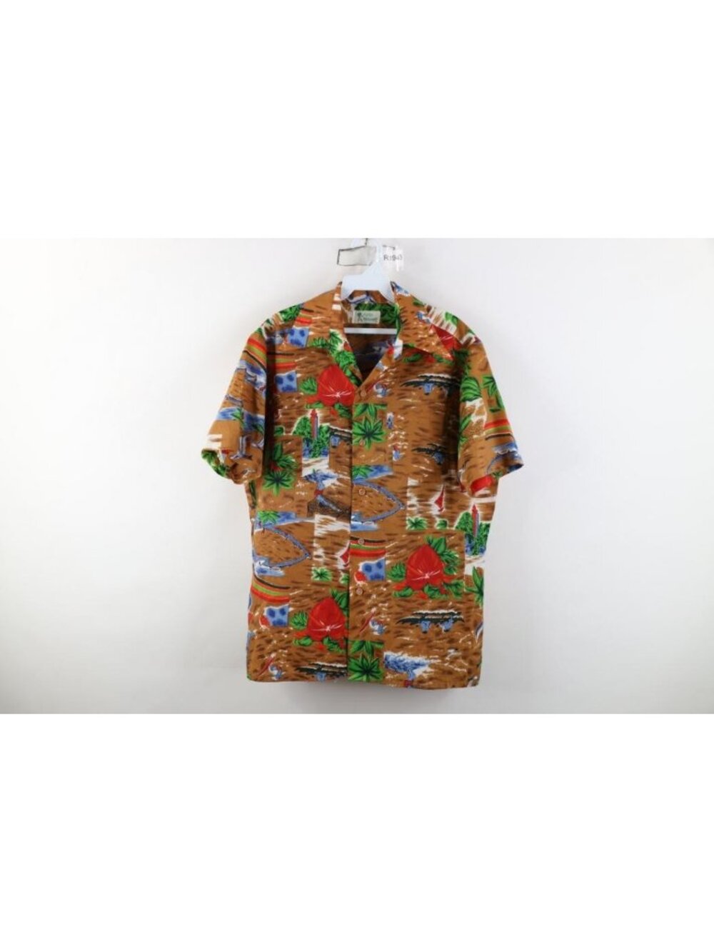 Vintage 60s 70s Mens Size Large Dagger Collar Surf Flower Hawaiian Button Shirt